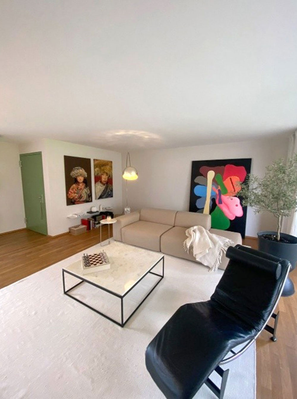 Modern-eingerichtetes-Wohnzimmer-mit-grün-gestrichener-Türe-und-farbigen-Wänden-–-Innenmalerei-von-Maler-Freunde-GmbH-Zürich-Leimbach2