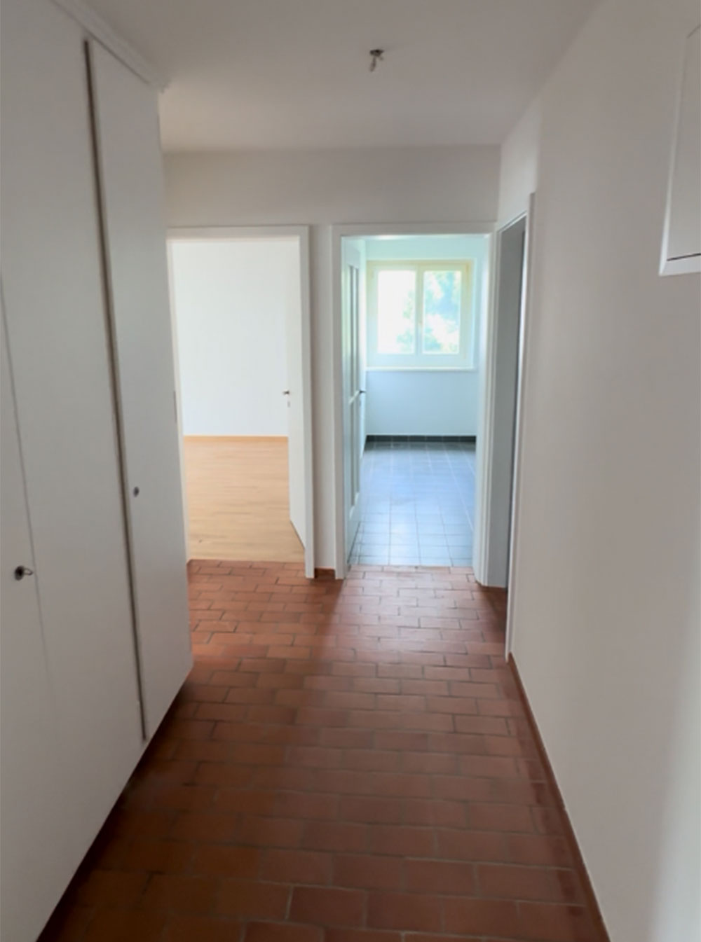 Wohnungsflur mit frisch gestrichenen Wänden, Decke und Holzwerk–Malerarbeiten der Maler Freunde GmbH für Livit Zürich an der Saumackerstrasse