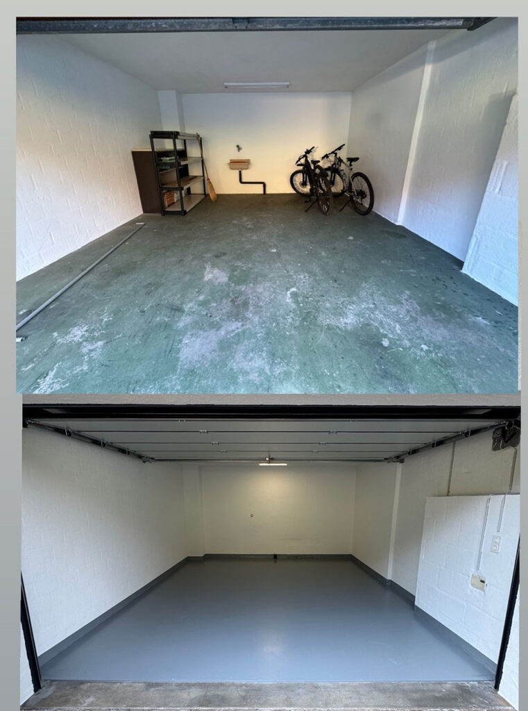 Vorher-Nachher-Aufnahme einer Garage in Unterendingen AG mit neuer 2-Komponenten-Bodenbeschichtung durch Maler Freunde GmbH