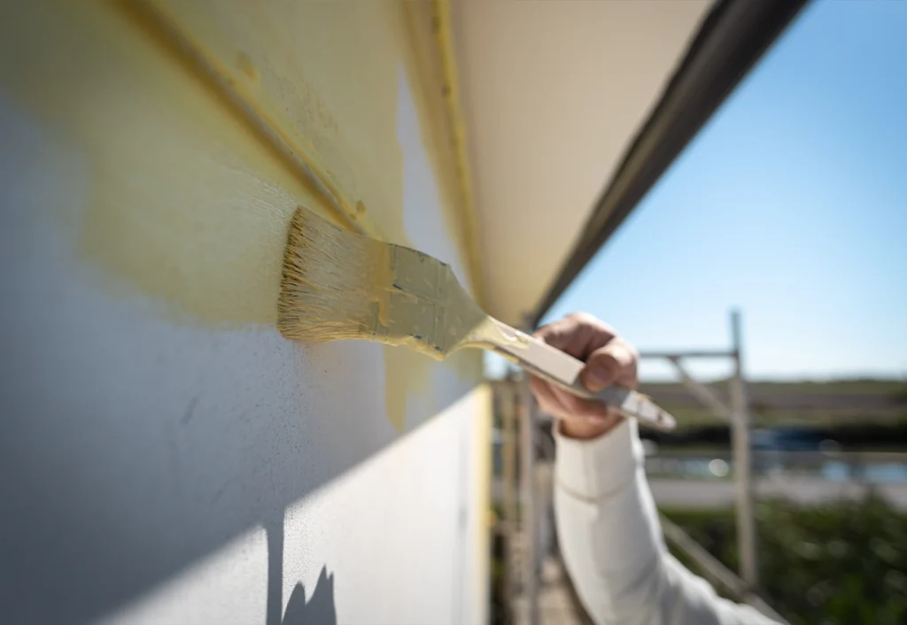 Eine Fassade wird frisch in einer neuen Farbe gestrichen.